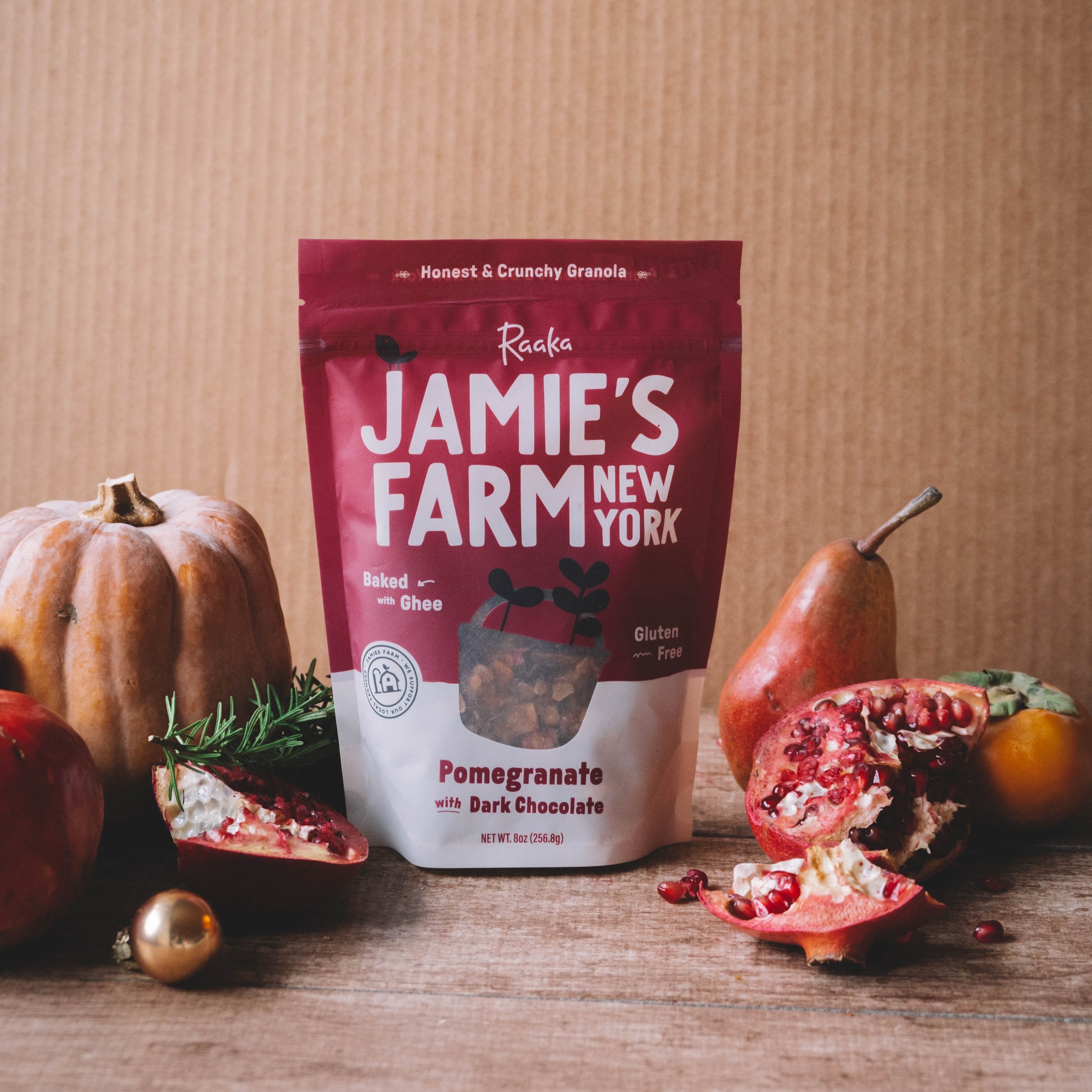 Jamie's Farm x Raaka Pomegranate Granola with Dark Chocolate